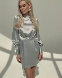 Strain Silver Satin Open Back Mini Dress With Balloon Sleeves Size L