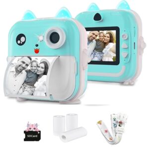Camera Kids 1080P Hd 48Mp Sd Card Bluetooth Free App 3 Rolls Print Paper Stickers Fun Filters Gift Boys Girls Pink Camera Kids 4 To 12 Y Blue