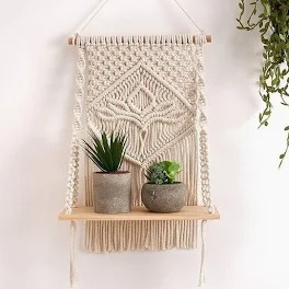 Wooden Wall Hanging Shelf Modern Chic Woven Macrame