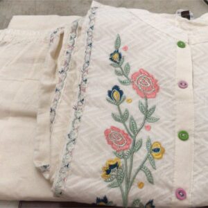 Pure Cotton Floral Design Kurti With Pant Dupatta Set Cream Color Size Xl