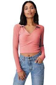 Full Sleeve Collar Crop Top For Women Pink Size S