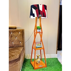 Wooden Storage Shelf Floor Lamp With Burgundy Drum Shade With Bulb