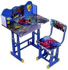 Cartoon Printed Height Adjustable Kids Study Table Chair Set Wooden Sky Blue Colour