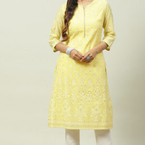 Biba Yellow Art Silk Straight Kurta Size 32
