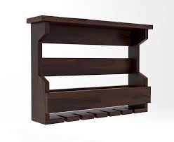 Sheesham Bar Cabinet Home Furniture Solid Wooden Wall Mounted Wine Rack 1 Shelf 6 Glass Holders Hotels Bar Walnut Finish
