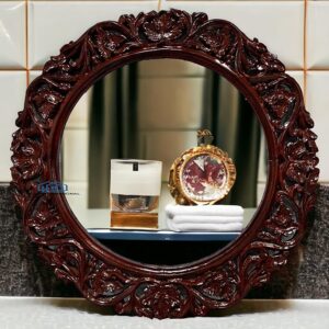 Wooden Carved Round Wall Mirror Solid Mango Wood Bedroom Hanging Mirror Size 24 X 24 Inch