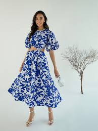 Women Dress Set Printed Blue And White Color Size L