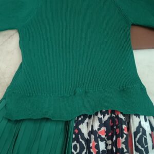 High Quality Vintage Stretch Knit Patchwork Long Sleeve Pleated Midi Dress Green Color Size S