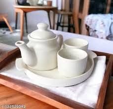 Ceramic Handcrafted Morning Tea Set 2 Tea Cups 1 Kettle 1 Tray White