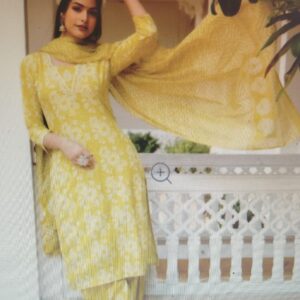 Anouk Floral Yoke Design Pure Cotton Straight Kurta With Patiala Dupatta Yellow For Women Size Xxl