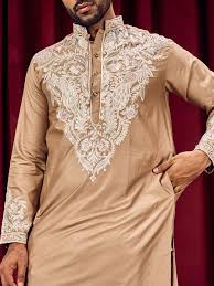 Avnikk Celestial Rustic Brown Neck Embroidered With Matching Sleeves On Pure Cotton Kurta Set Beige Colour Size M