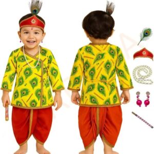 Sarvda Satin Kids Boys Woven Janmashtami Theme Full Sleeves Krishna Costume Set With Morpankh Yellow Red Size 24