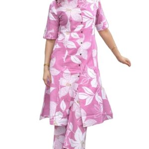 Gosriki Womens Rayon Viscose Printed A Line Kurta With Pant Pink