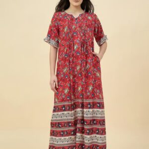 The Kaftan Company Red Regular Fit Printed Night Dress Size S
