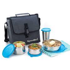 Signora Ware Stainless Steel Lunch Box Tote Bag Travel College Set Of 4 600Ml 500Ml 350Ml Containers 370Ml Tumbler Blue