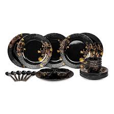 Maharani Pack Of 24 Melamine Lotus Dinner Set Floral Patterns Black
