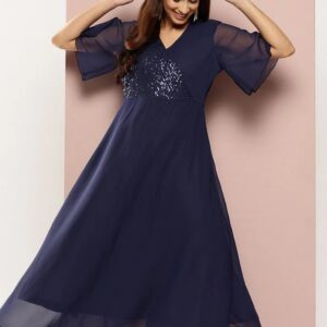 Qurvii Elegant Navy Georgette Party Maxi Dress Size 2Xl