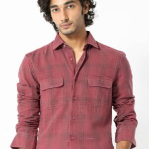 Rare Rabbit Men Hammel Slim Fit Checked Cotton Shirt Size M Dark Pink