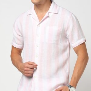 Brooks Brothers Irish Linen Striped Regular Fit Sport Shirt Pink Color Size S