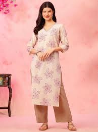 Anouk Rustic Floral Printed V Neck Cotton Straight Kurta Cream Size Xxl