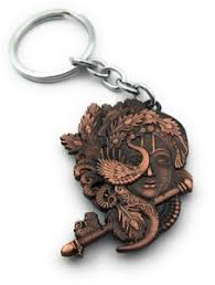 High Choice Double Sided Lord Krishna With Peacock And Playing Flute Brown Metal Key Chain