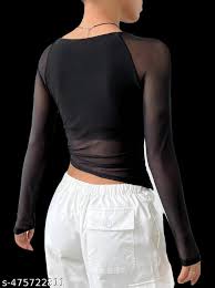Women Solid Mesh Top Black Colour Size M