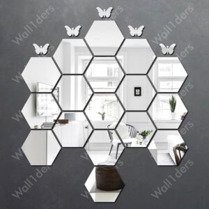 Wall 12 Silver Hexagon Mirror Sticker With 10 Butterfly For Wall