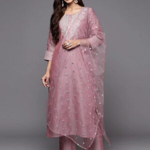 Varanga Women Mauve Zari Yoke Design Chanderi Silk Kurta Trousers Dupatta Size L