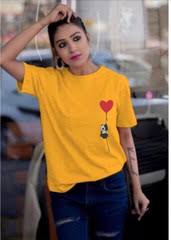 Printed T Shirt For Womengirl In Cotton In Round Neck Colour Yellow Size L