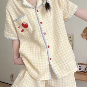 2Pc Cute Tomato Pajama Girl Home Suit Set New Sweet Yellow Grid Simple Short Shorts Loose Set Size M