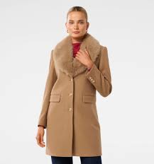 Forever New Lucinda Short Fur Collar Coat For Women Mid Camel Colour Size 10