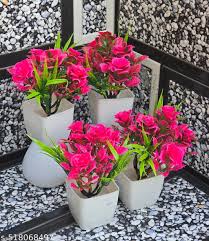 Artificial Pink Rose With Green Leafs Flower Plant Pack Of 4