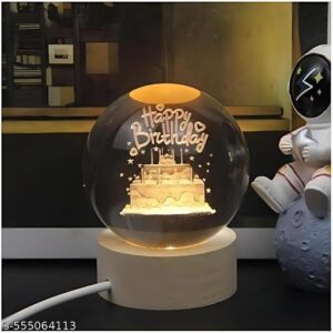 3D Crystal Happy Birthday Lamp Engraved Crystal Ball Led Night Light With Wooden Base