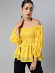 Women Solid Off Shoulder Smocked A Line Top Colour Yellow Size Xl