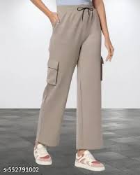 Trendy Women Beige High Waist Cargo Pants With Side Pockets Beige Size M