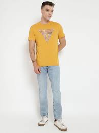 Guess Eco Yellow Logo T Shirt In Gold Size Xl Cotton