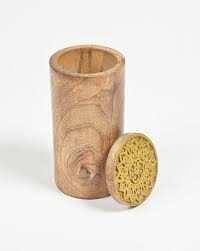 Wooden Cylindrical Storage Jar With Carved Lid