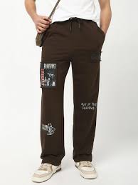 Bewakoof Men Graphic Print Brown Track Pants Size Xl