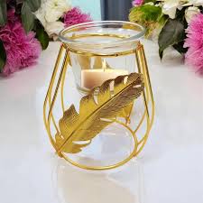 Golden Color Leaf Design Glass Candle Holder