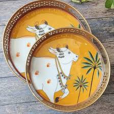 Golden Color Cow Design Tray Set Of 2