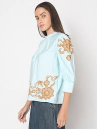 Vero Moda Sky Blue Colour Full Sleeve Embroidered Top For Women Size S