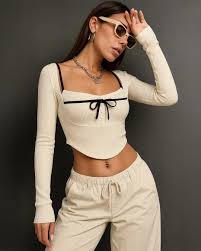 Littlebox India Contrast Trim Long Sleeve Off White Top For Women Size Xs