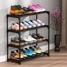 4 Tier Shoe Rack With Shelf Folding For Bedroom Plastic Black