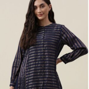 Fabindia Blue Gold Toned Cotton Striped Tunic Size S