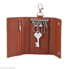 Geelark Key Pouch Tri Fold Hand Stitched Artificial Leather Holds 6 Keys Tan Colour Brown
