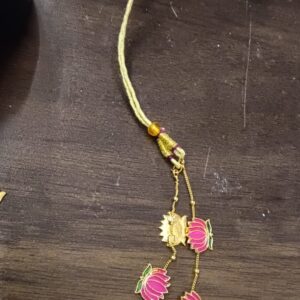 GoldPlated Lotus Design Choker Necklace And Earring Set Pink And Green Enamel