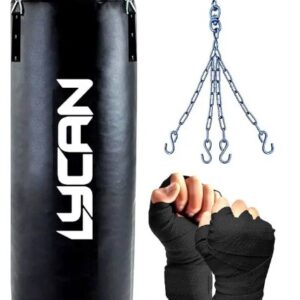 Lycan 2Ft Unfilled Heavy Black Boxing Bag With Steel Chain Hand Wrap