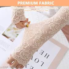 Beige Color Women Flower Design Arm Sleeves