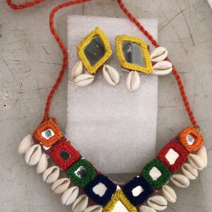 Multicolor Mirror Work Choker Necklace Set With Cowrie Shells