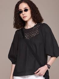 Pure Cotton Casual Black Top For Women Black Size Xl